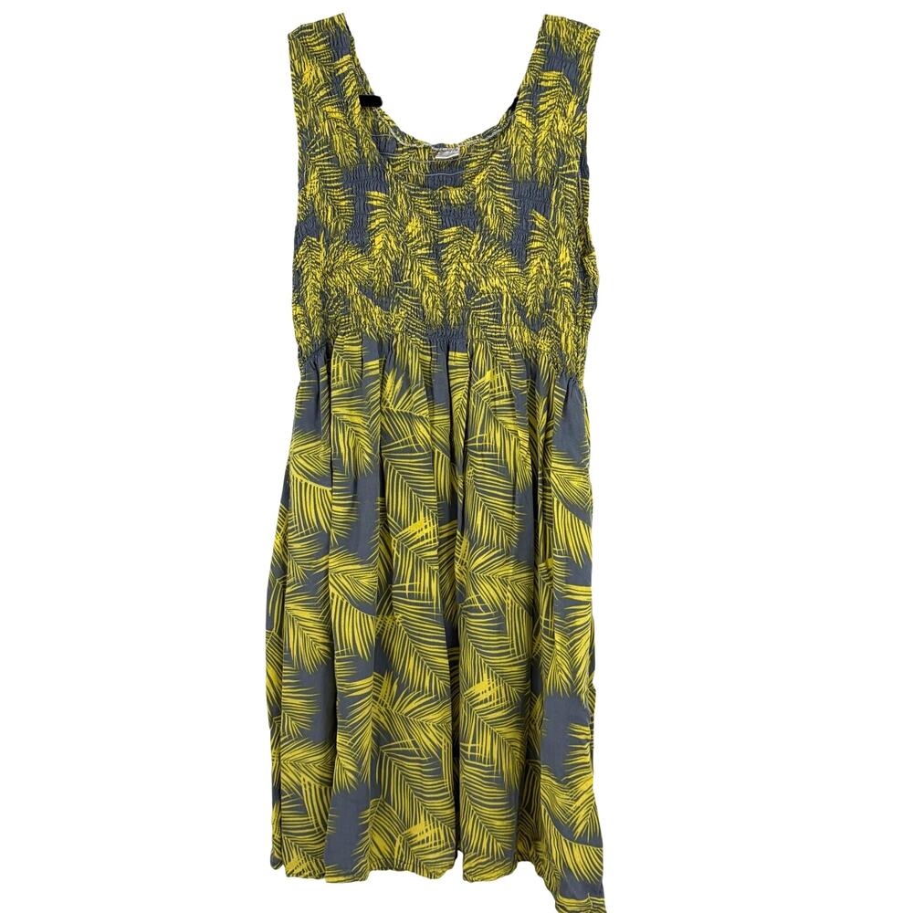 Pineapple Isle Gray Yellow Palm Branches Rayon Smocked Mini Dress Size Medium